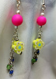 Hot Pink Rubber Bead and Fimo Clay Yellow Flowered Bead Earrings with Glass Bead Dangles