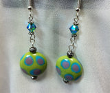 Green with Polka Dots Lampwork Drop Earrings with Green AB Swarovski Crystals