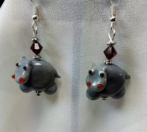 CLEARANCE Hippopotamus Earrings with Red Swarovski Crystals