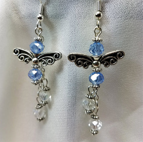 Dragonfly Earrings with Fire Polished Czech Glass Bead Dangles