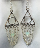 Geometric Chandelier Earrings with Chain and Light Green Opal Swarovski Crystals