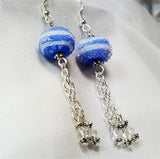 Blue and White Lampwork Style Bead Earrings with Clear Swarovski Crystal Dangles