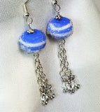 Blue and White Lampwork Style Bead Earrings with Clear Swarovski Crystal Dangles
