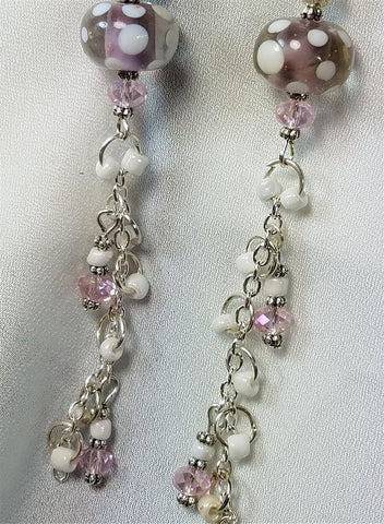 Polka Dot Lampwork Style Bead Earrings with Long Sparkling Dangles