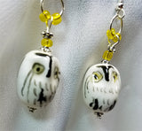 White, Black and Yellow Glass Owl Earrings with Yellow Beads