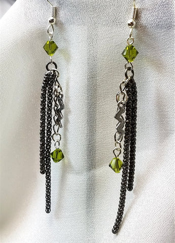 Chain Dangle Earrings with a Lightning Charm and Green Swarovski Crystals