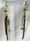 Chain Dangle Earrings with a Lightning Charm and Green Swarovski Crystals