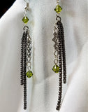 Chain Dangle Earrings with a Lightning Charm and Green Swarovski Crystals