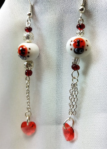 Ladybug Glass Bead Earrings with Chain and Crystal Heart Dangles