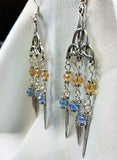 Chandelier Triquetra Earrings with Fire Polished Czech Beads and Silver Feather Charms