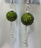 Green Rhinestone Bead Dangle Earrings with Heart Charm Dangles