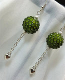 Green Rhinestone Bead Dangle Earrings with Heart Charm Dangles