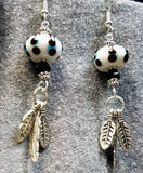 White with Blue and Black Polka Dots Lampwork Glass Rondelle Bead with Feather Charm Dangles