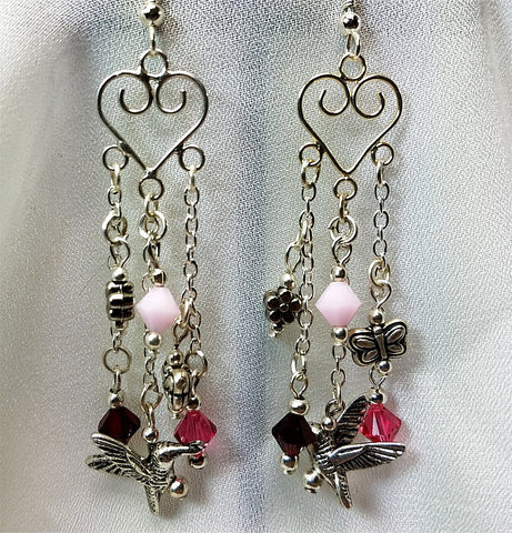 Heart Chandelier Earrings with Silver Metal Charm and Swarovski Crystal Dangles