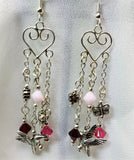Heart Chandelier Earrings with Silver Metal Charm and Swarovski Crystal Dangles