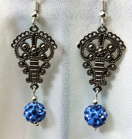 Ornate Chandelier Earrings with Blue Pave Bead Dangles