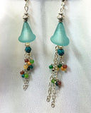 Frosted Blue Green Calla Lily Drop Earrings with Bead and Chain Dangles