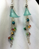 Frosted Blue Green Calla Lily Drop Earrings with Bead and Chain Dangles