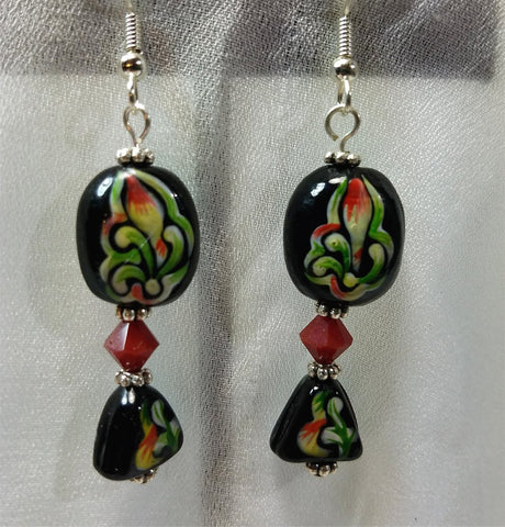 Lampwork Style Flower Glass Bead Dangle Earrings with Red Swarovski Crystals