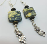 Moss Agate Chicklet Drop Earrings with Goldfish Charm Dangles