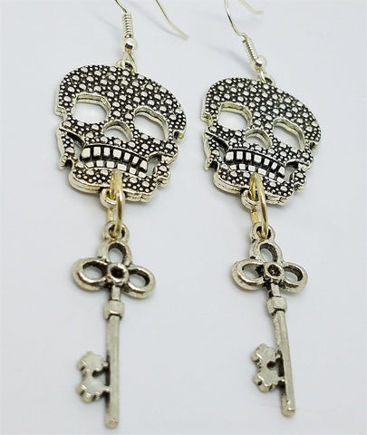 Silver Metal Skulls and Keys Dangle Earrings