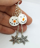 Snowman Lampwork Glass Bead Earrings with Dangling Snowflake Charms