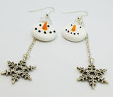 Snowman Lampwork Glass Bead Earrings with Dangling Snowflake Charms