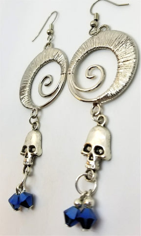 Silver Wire Wrapped Circular Swirl Earrings with Skull and Blue Swarovski Crystal Dangles