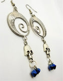 Silver Wire Wrapped Circular Swirl Earrings with Skull and Blue Swarovski Crystal Dangles