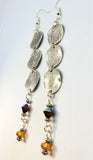 Textured and Wavy Silver Coin Connector Dangle Earrings with Swarovski Crystal Dangles