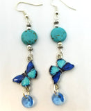 Turquoise Butterfly Dangling Earrings with Swarovski Crystal Dangles