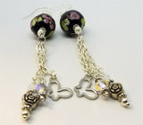 Round Black Glass Bead with Flowers and Crystal Rhinestones Dangle Earrings with Swarovski Crystal and and Metal Charm Dangles