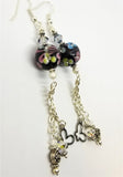 Round Black Glass Bead with Flowers and Crystal Rhinestones Dangle Earrings with Swarovski Crystal and and Metal Charm Dangles