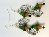 Leaf Charm and Green Bell Flower Cascading Earrings