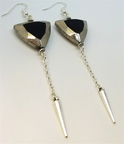 Rounded Triangle Silver Glass Beads with Small Spike Charm Dangles