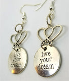 Live Your Dream Charm Dangling from a Double Heart Charm Drop Earrings