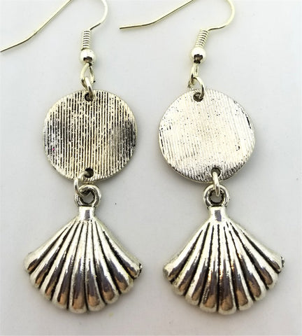 Textured Silver Round Connector Charm Drop Earrings with Silver Shell Charm Dangles