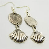 Textured Silver Round Connector Charm Drop Earrings with Silver Shell Charm Dangles