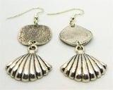 Textured Silver Round Connector Charm Drop Earrings with Silver Shell Charm Dangles