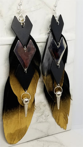 Black and Gold Feather Earrings with Metal Chevron and Spike Dangles