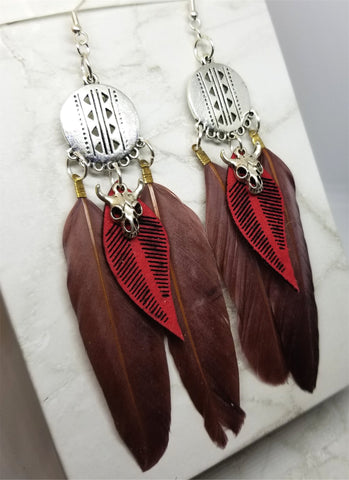 Southwestern Inspired Charm with Red and Black FAUX Leather Leaf Earrings and Long Brown Feather Dangles
