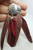 Southwestern Inspired Charm with Red and Black FAUX Leather Leaf Earrings and Long Brown Feather Dangles