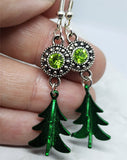 Green Metal Christmas Tree Charm Earrings with Green Crystal Charms