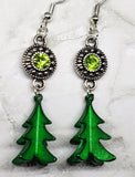 Green Metal Christmas Tree Charm Earrings with Green Crystal Charms