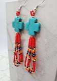 Turquoise Dyed Magnesite Cross Bead Earrings with Seed Bead Dangles