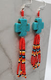 Turquoise Dyed Magnesite Cross Bead Earrings with Seed Bead Dangles