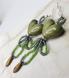 Green Glass Heart Lampwork Style Bead Earrings with Seed Bead Dangles