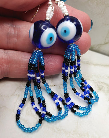 Lampwork Style Blue and White Evil Eye Bead Earrings with Seed Bead Dangles