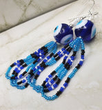 Lampwork Style Blue and White Evil Eye Bead Earrings with Seed Bead Dangles