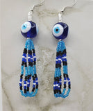 Lampwork Style Blue and White Evil Eye Bead Earrings with Seed Bead Dangles